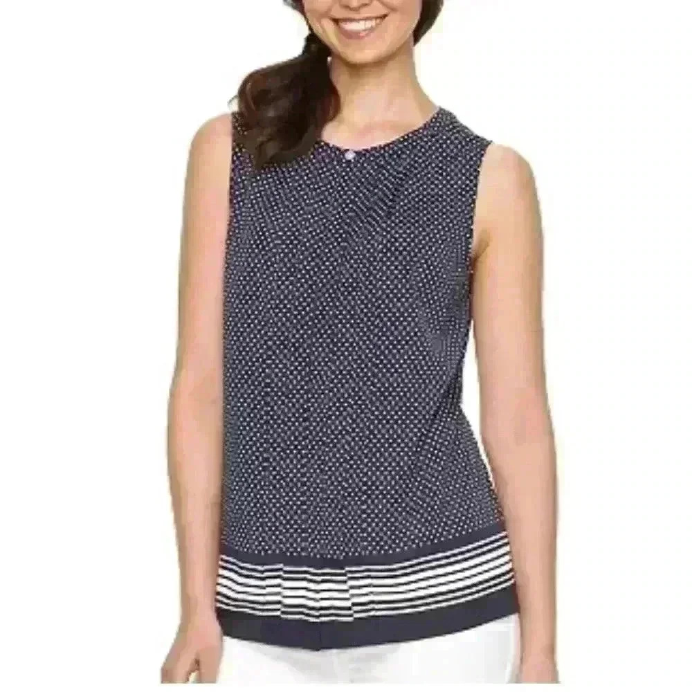 croft & barrow Navy and White Polka Dot Sleeveless Button-Down Shell